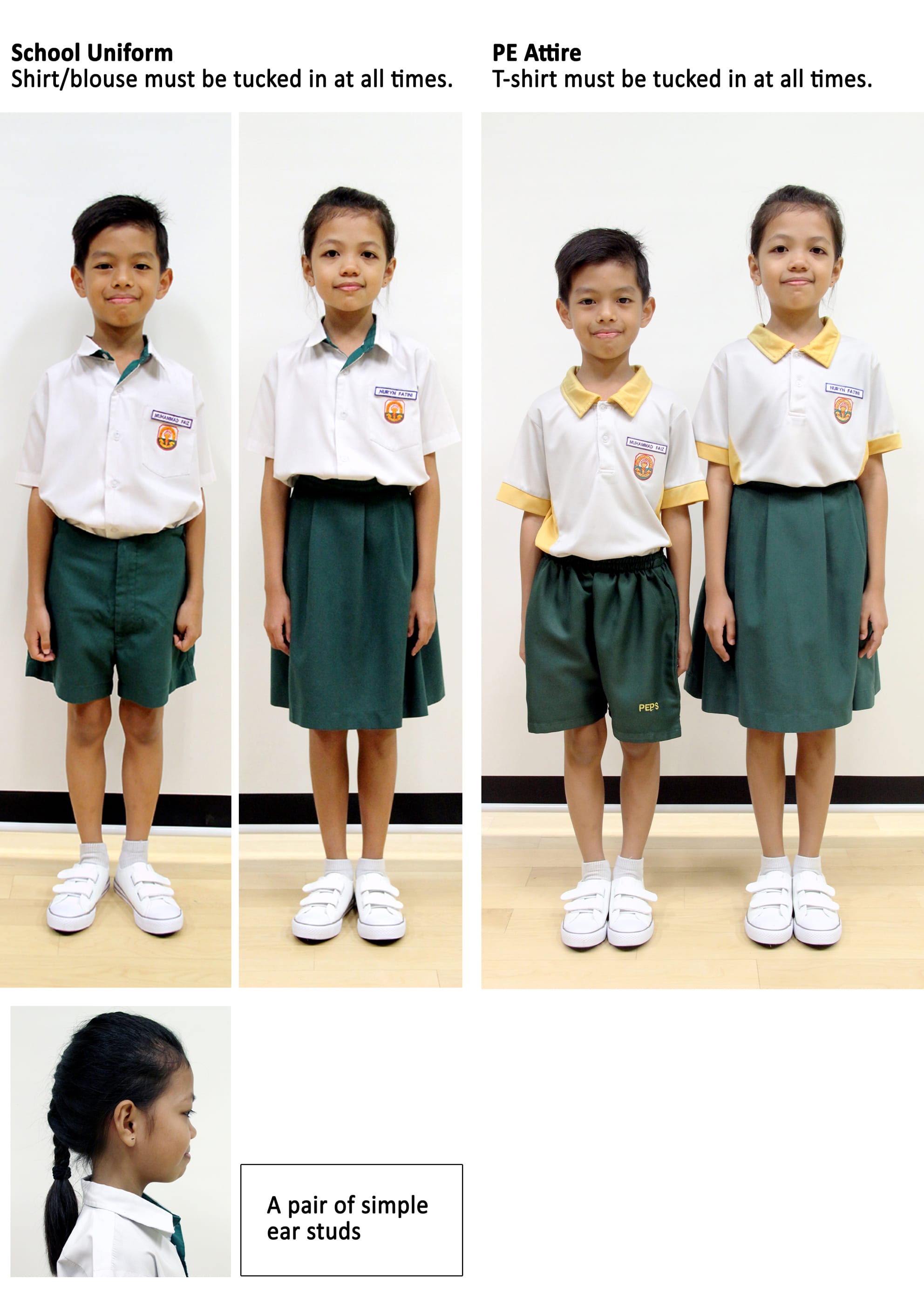 Two children in white and green school uniforms and PE attire with tucked-in shirts, wearing white shoes.